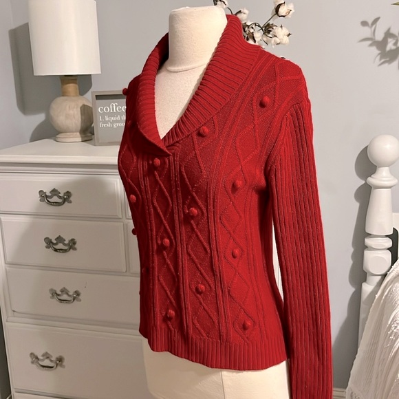 Evan Picone Red Acrylic Pom Pom Sweater Cable Knit Women Small Christmas Holiday - Picture 5 of 11
